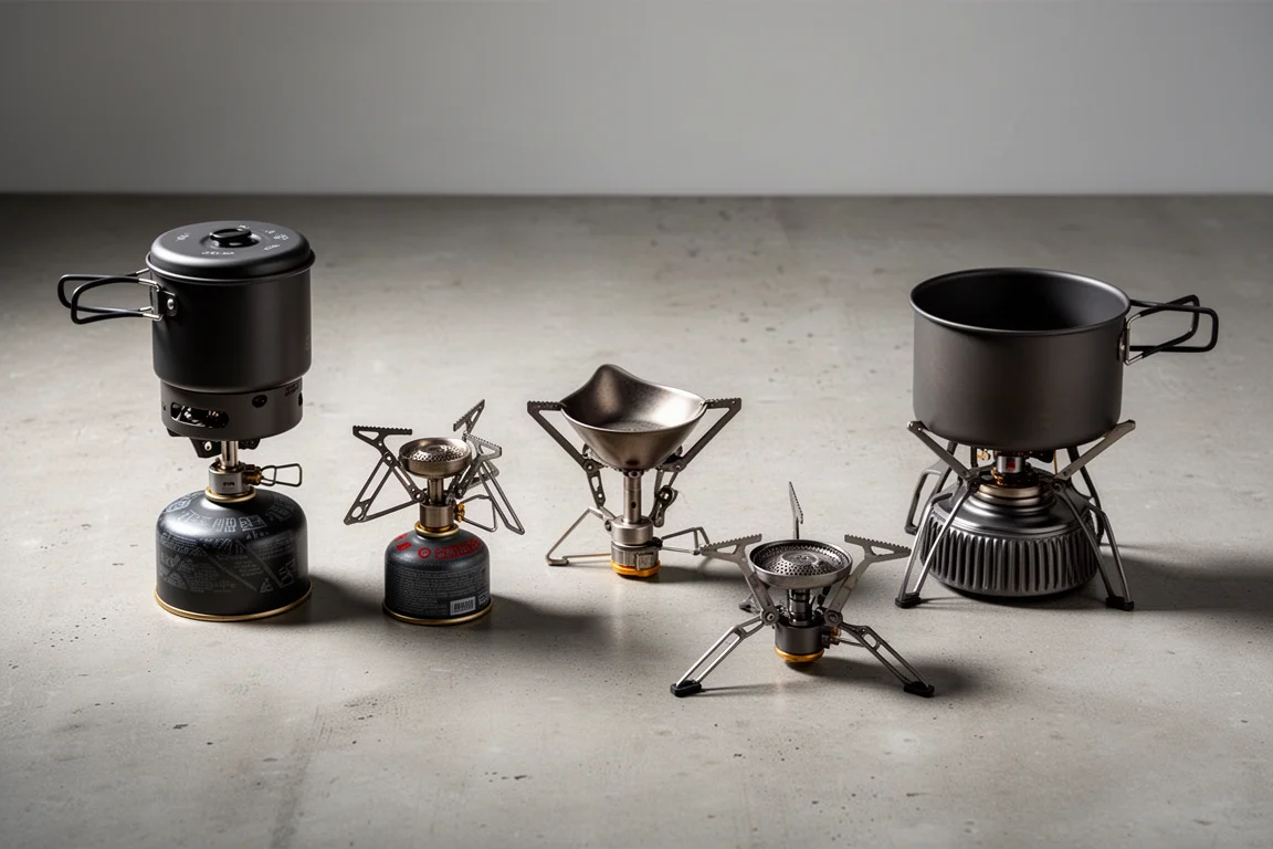 Five backpacking canister stoves arranged in a row on concrete