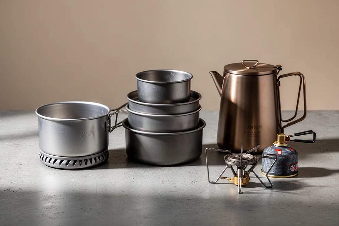 Three backpacking cook systems and two canister stoves arranged on a grey concrete surface