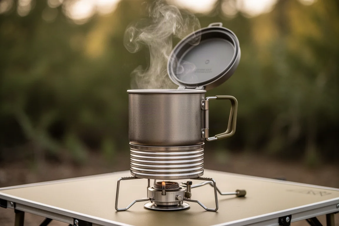 Tazza di cottura all-in-one con base corrugata che fuma su un tavolo da campeggio