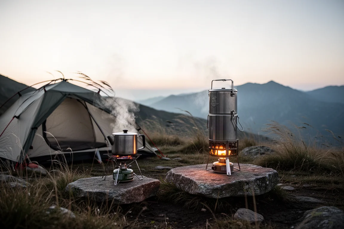 Sistema di fornello schermato che fa bollire acqua accanto a una tenda in un campo alpino ventoso