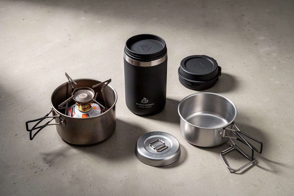 Backpacking cook systems including a titanium pot, an all-in-one cup and a compact aluminium pot