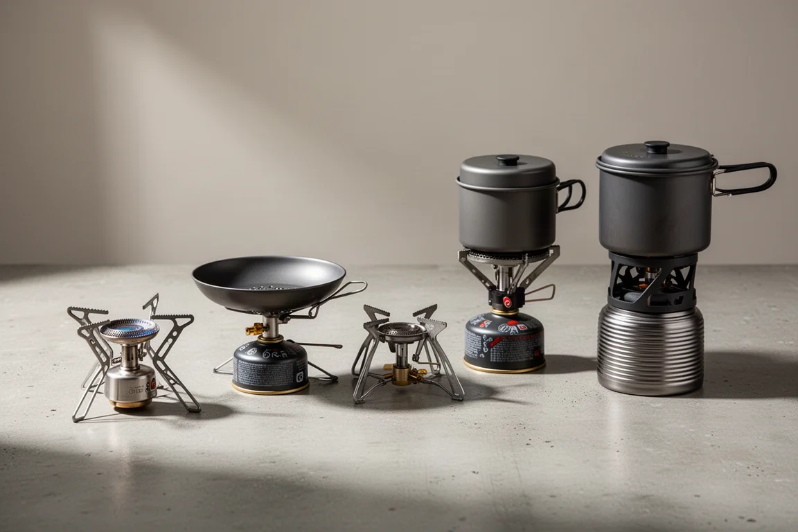 Five backpacking canister stoves arranged in a row on a matte concrete surface