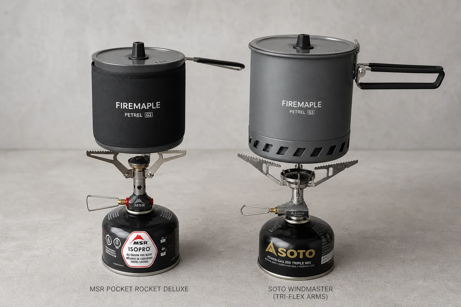 MSR Pocket Rocket Deluxe 搭配 Fire Maple Petrel G2 與 Soto Windmaster 搭配 Fire Maple Petrel G3 爐具系統置於水泥地上
