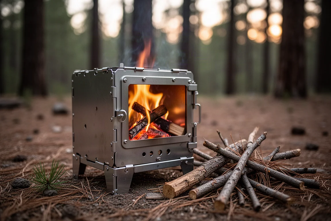 Sistema de cocina completo para mochilero con olla y funda aislante sobre mesa de campamento