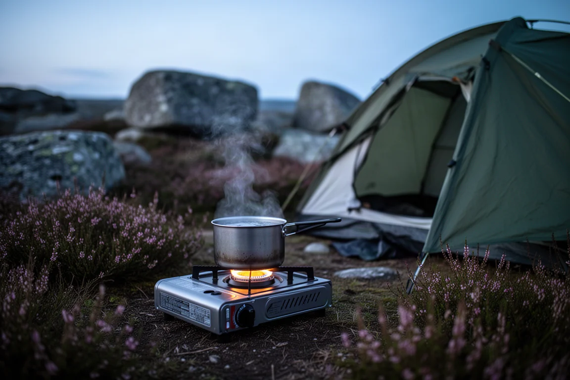 Réchaud à gaz avec une casserole fumante près d'une tente de camping sauvage au crépuscule