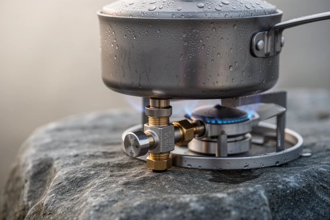Gros plan sur la valve de réglage de la flamme d'un réchaud sous une petite casserole couverte de condensation