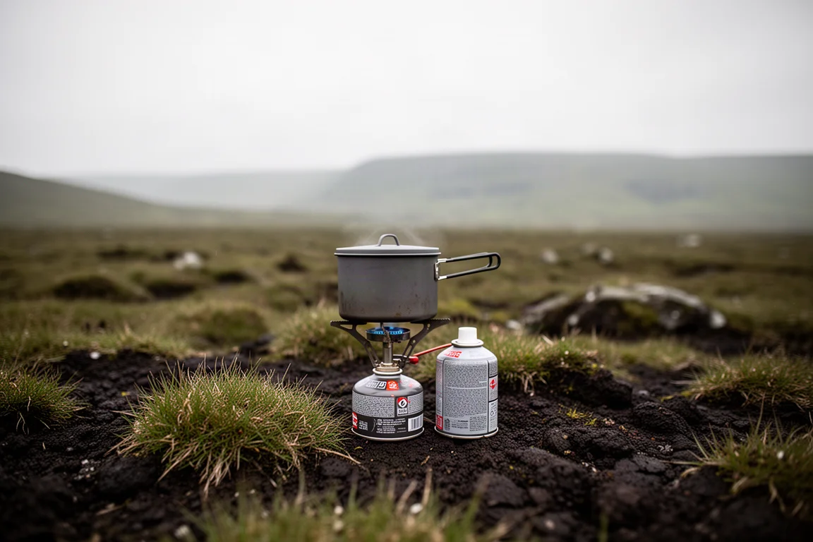 Petit réchaud de camping et casserole installés sur un sol de lande irrégulier sous un ciel couvert