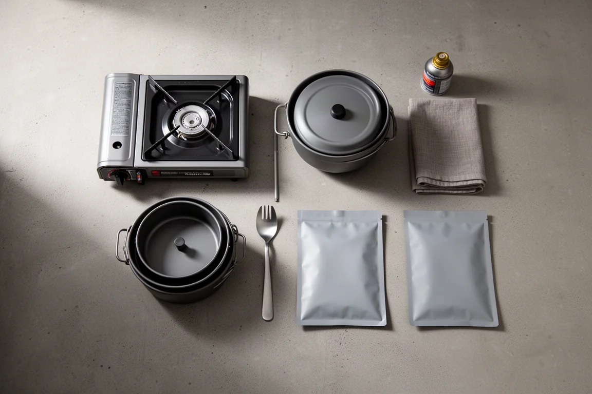 Vue de dessus à plat d'un kit de cuisine de trail sur une surface en béton mat