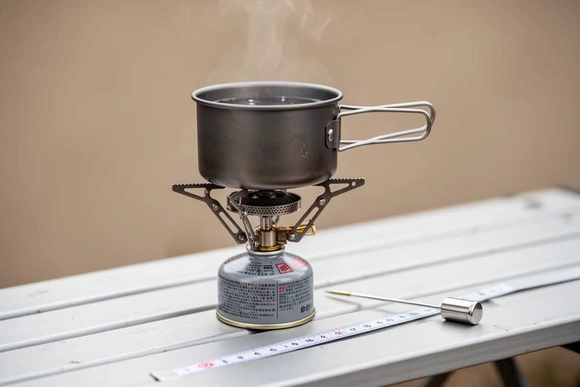 Titanium pot met water die opwarmt op een canisterkooktoestel tijdens een gecontroleerde kooktest