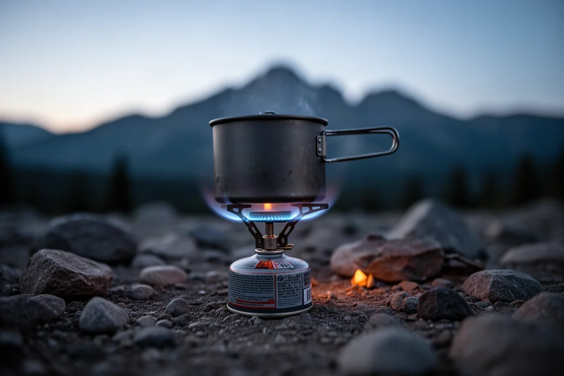 Canisterkooktoestel in brand met een blauwe vlamring op een schemerige camping