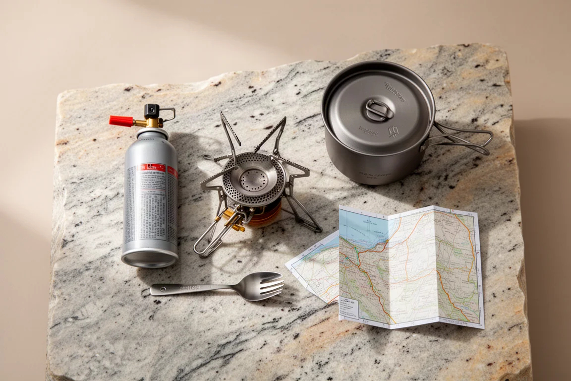 Platte weergave van brandstofcanister, kooktoestel en lichtgewicht pannenset op graniet
