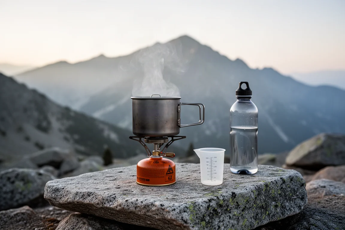 Canister stove with a titanium pot on a granite slab at a still alpine campsite