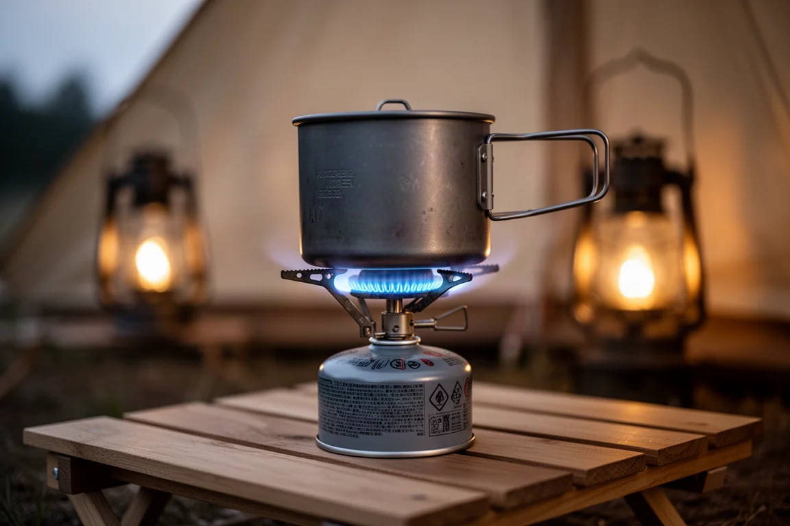 Blue stove flame ring glowing under a titanium pot on a wooden platform at dusk