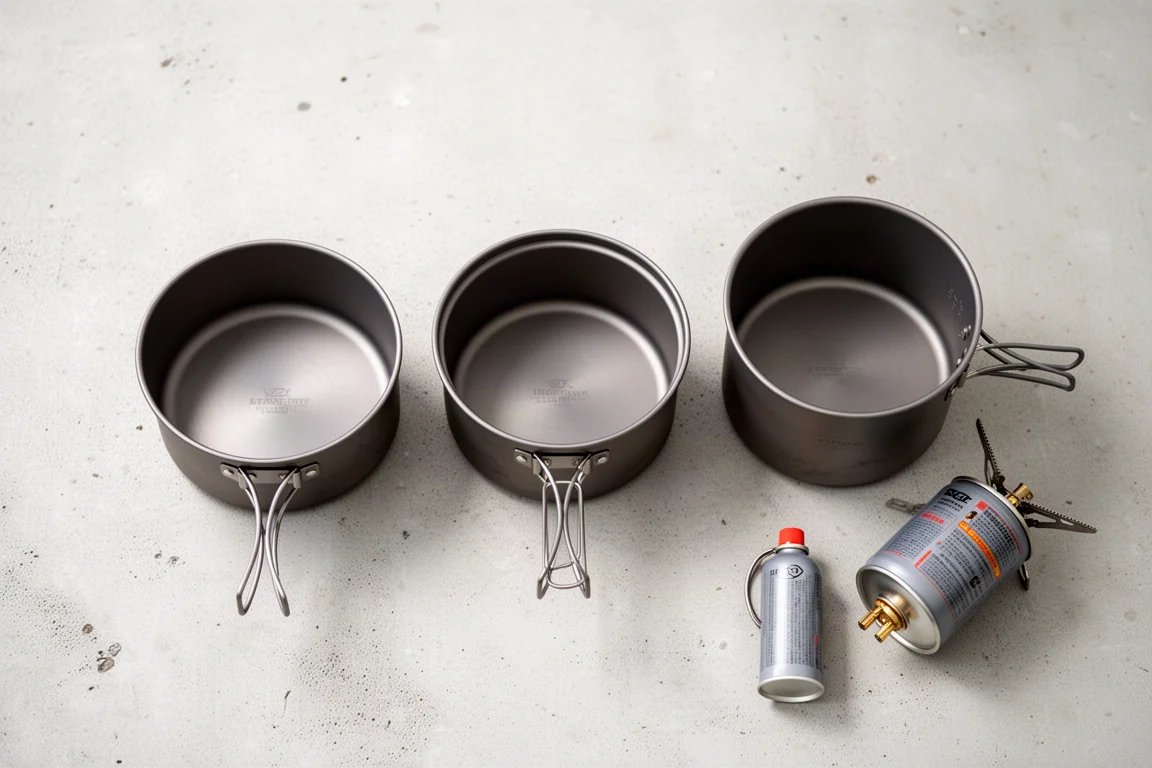 Three titanium pots of different diameters in an overhead flat-lay with a stove