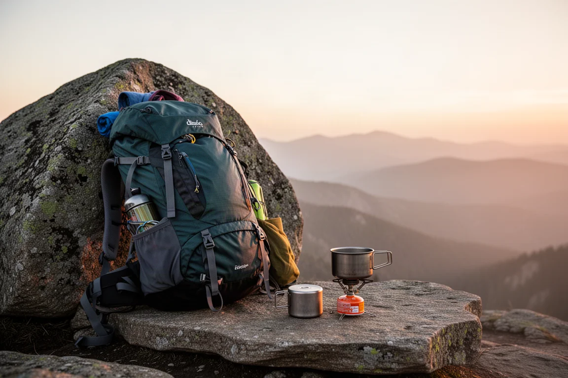 Loaded backpack beside a small stove and pot on a mountain overlook at sunrise