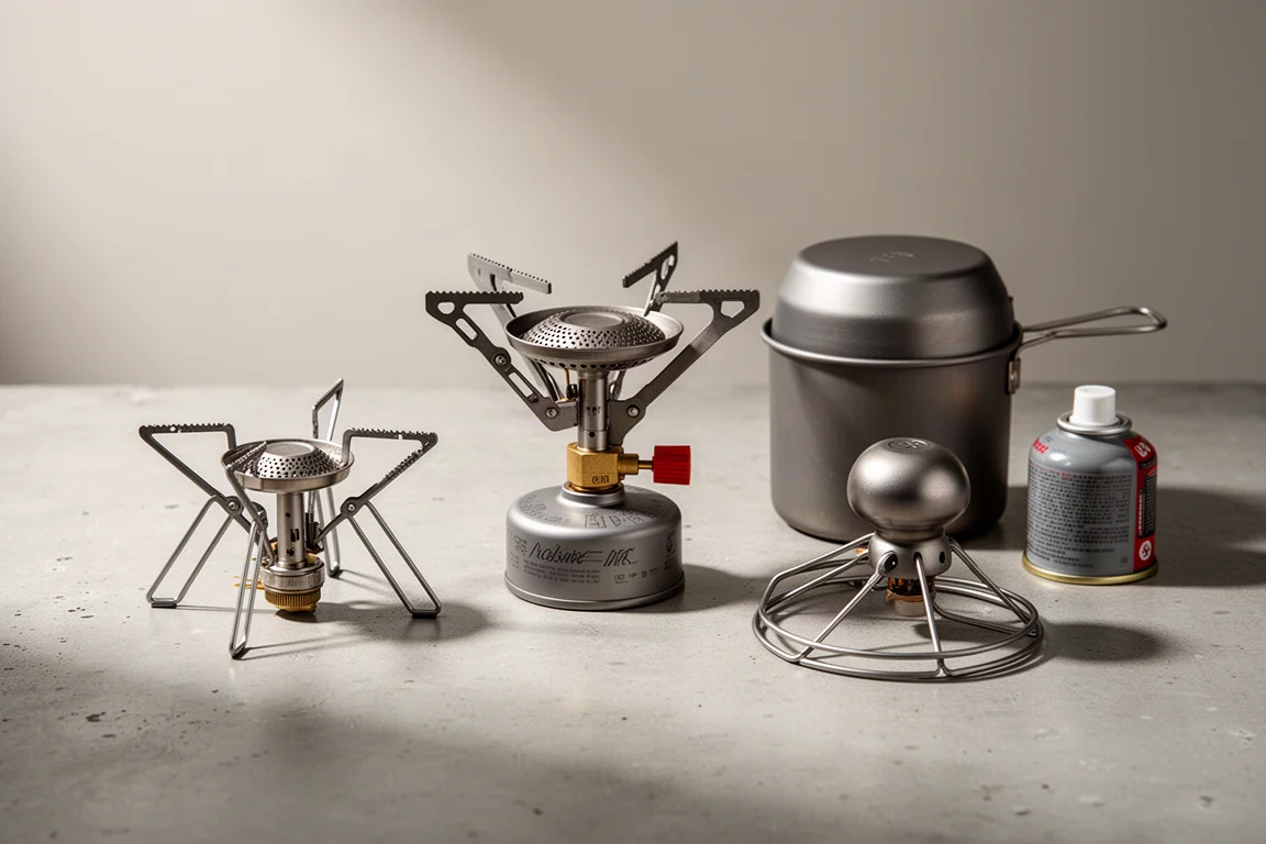 Three compact canister backpacking stoves with a titanium pot and fuel canister on concrete