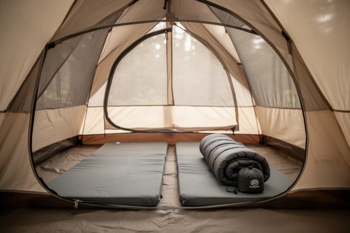 Condensa che si forma sul telo esterno di una tenda a doppia parete all'alba