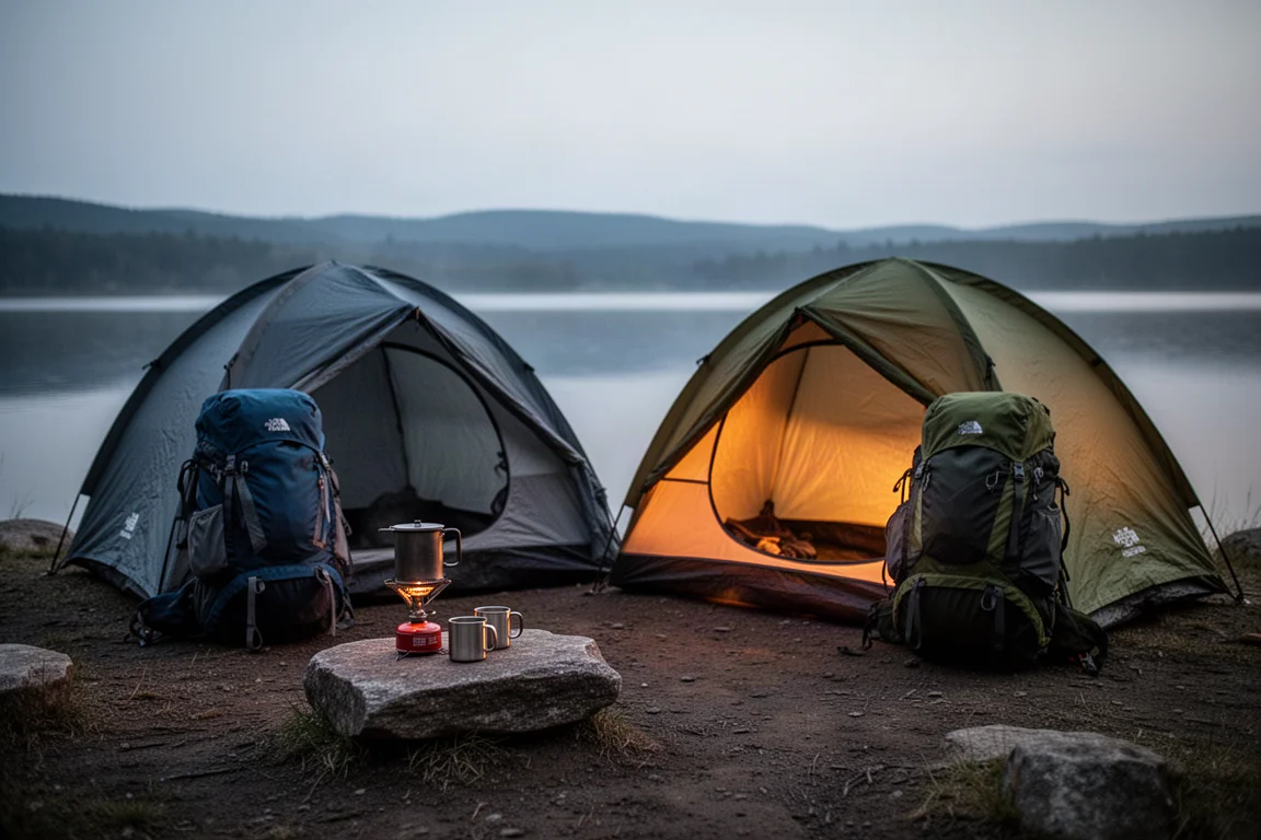 Backpacker che tende i tiranti di un rifugio con bastoncini da trekking all'alba