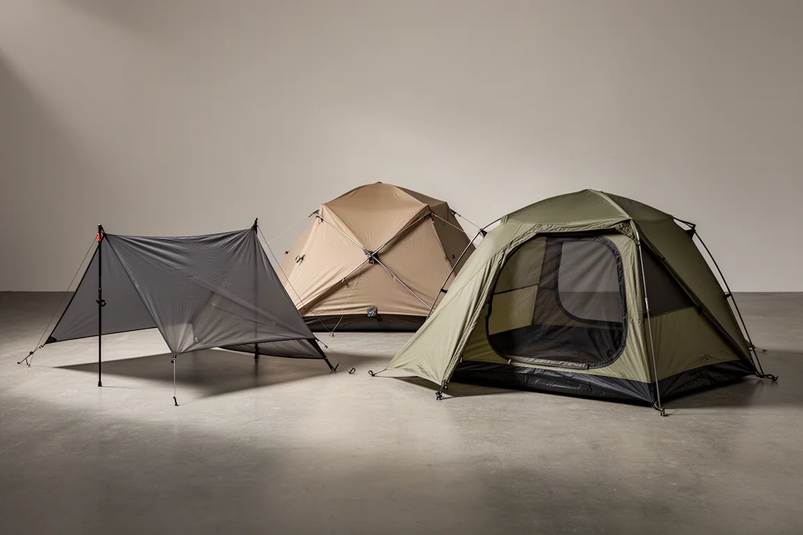 Three ultralight backpacking tents pitched on a rocky alpine plateau at golden hour