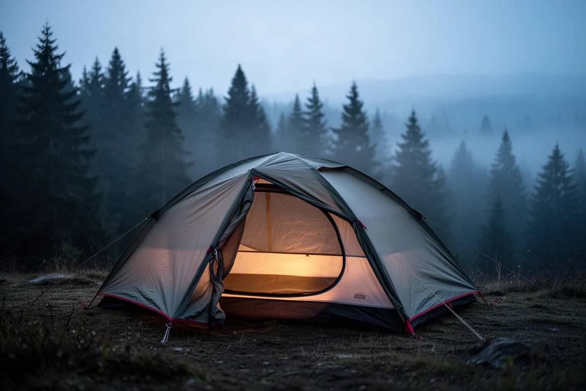 Hamac de camping avec toile de pluie et moustiquaire suspendu entre des arbres dans une forêt dense
