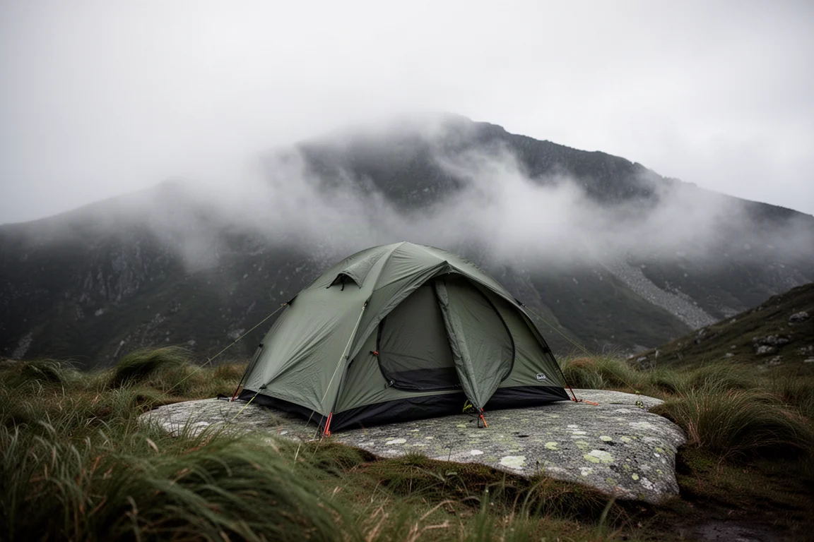 Freestanding two-person backpacking tent pitched on a granite slab in mountain mist