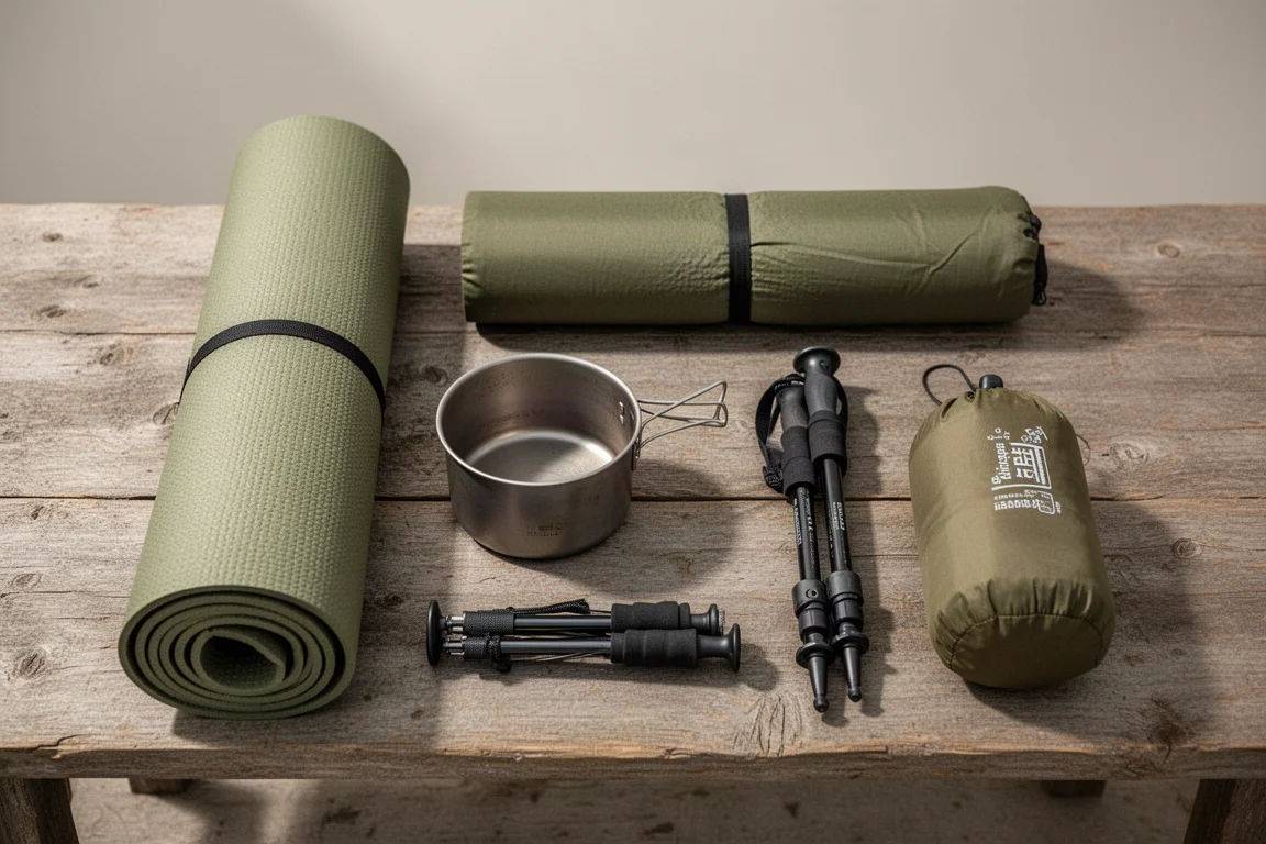 Overhead flat-lay of lightweight backpacking gear on weathered wood