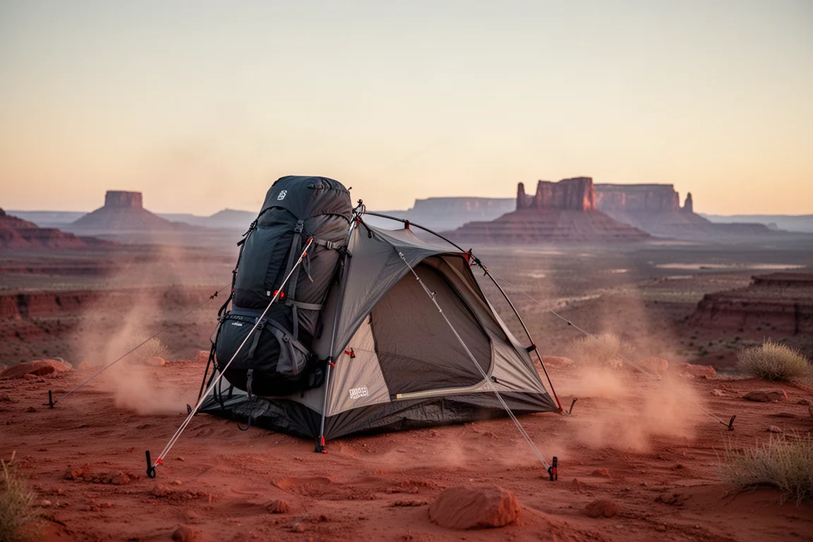 Backpacking tent braced against strong wind on an exposed desert plateau at dusk