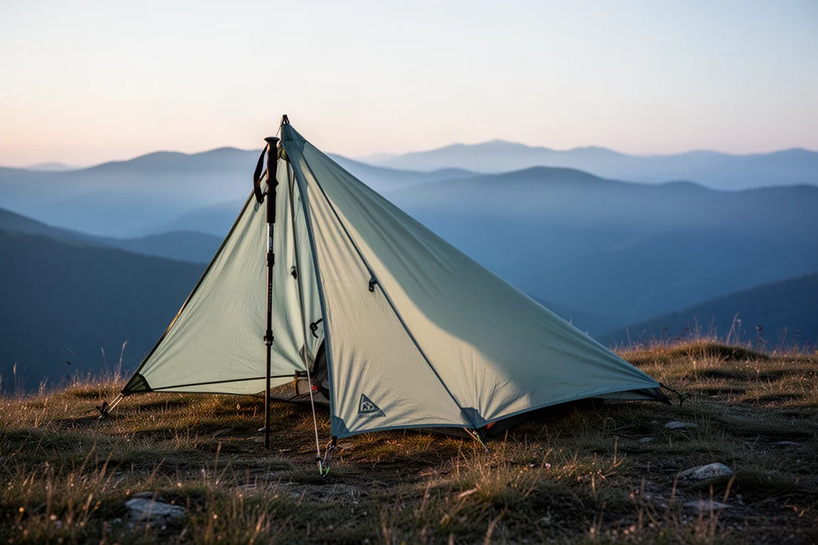 Lightweight single-wall backpacking shelter on a grassy ridge at first light