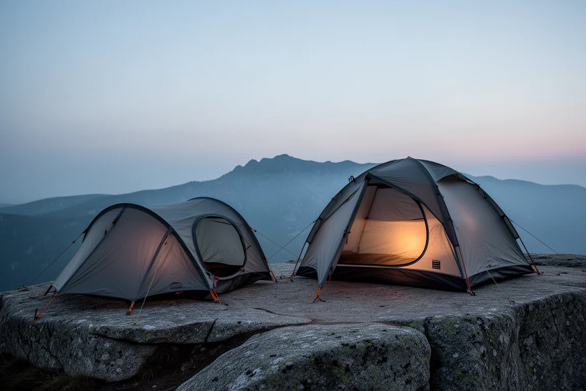 Twee lichtgewicht backpacktenten op een granieten rand bij schemer met een verre bergkam op de achtergrond