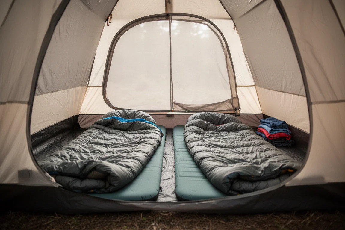 Interieur van een tweepersoonstent met twee slaapmatjes, quilts en opgevouwen kleding in een hoek