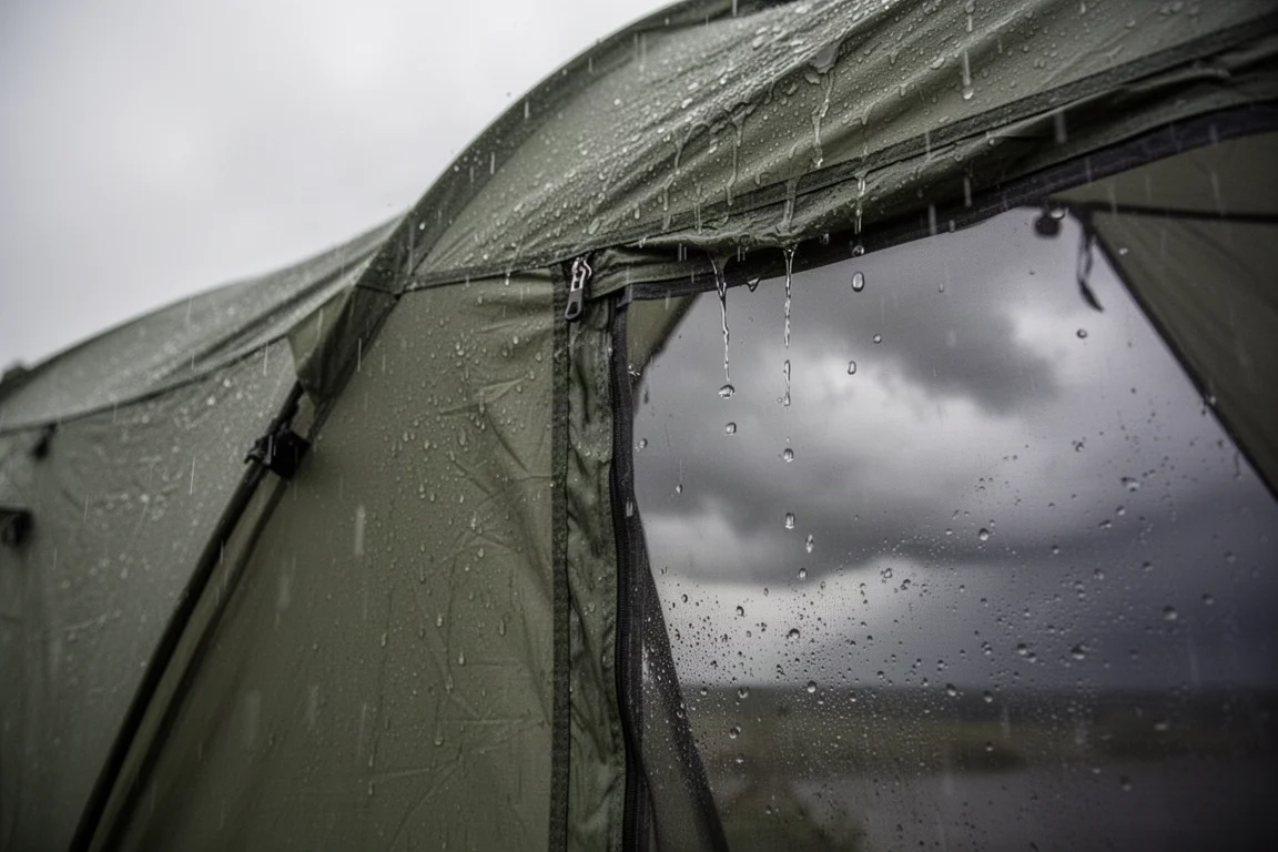 Regen parelt op een tentfly met stormwolken zichtbaar door de open meshdeur