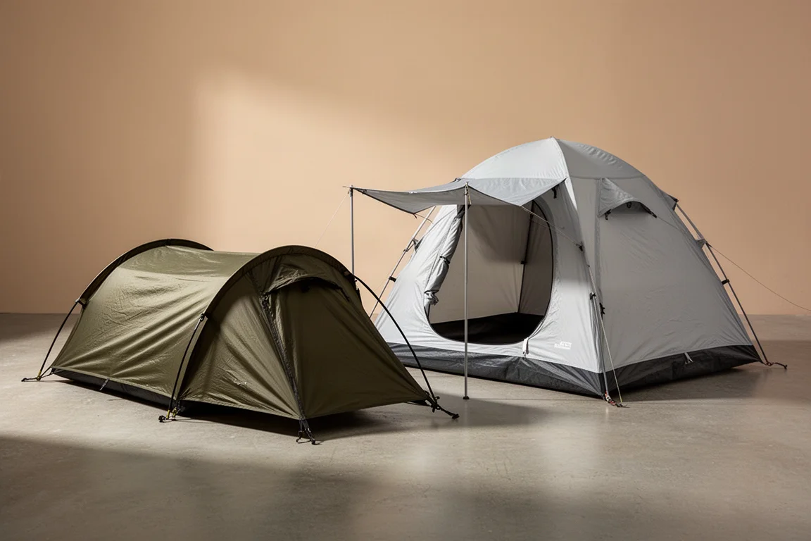 Tunnel-style solo tent and freestanding two-person tent pitched side by side on concrete