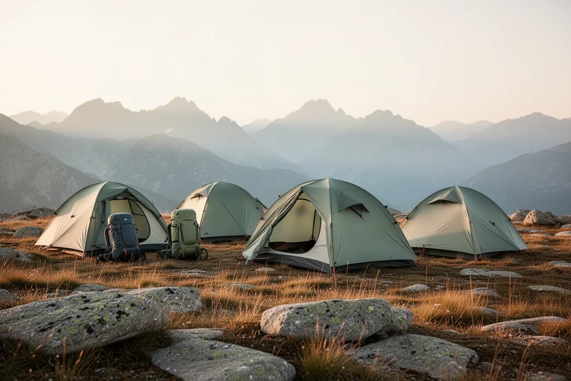 Lightweight backpacking tents pitched on an alpine plateau at golden hour
