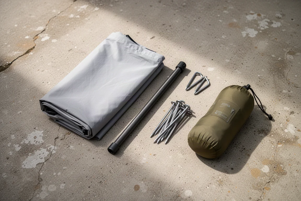 Flat-lay of a folded tent body, carbon pole, titanium stakes and stuff sack on concrete