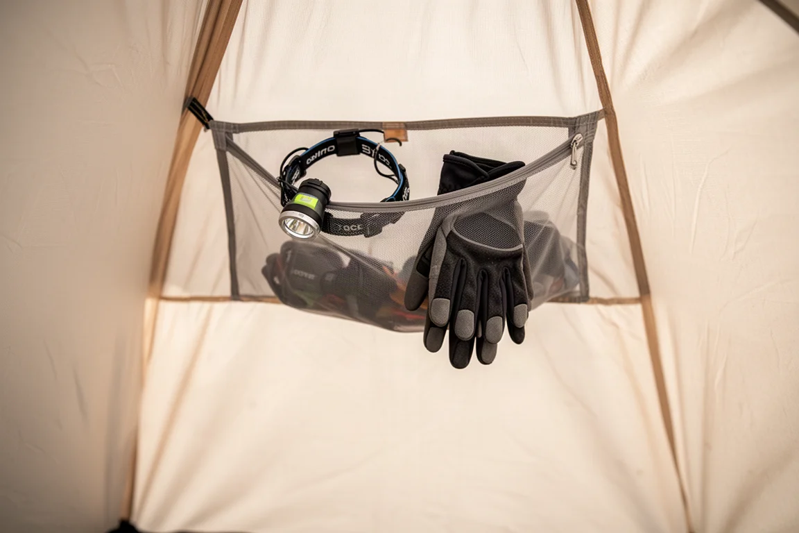 Interior of a small tent showing a mesh ceiling pocket holding a headlamp and gloves