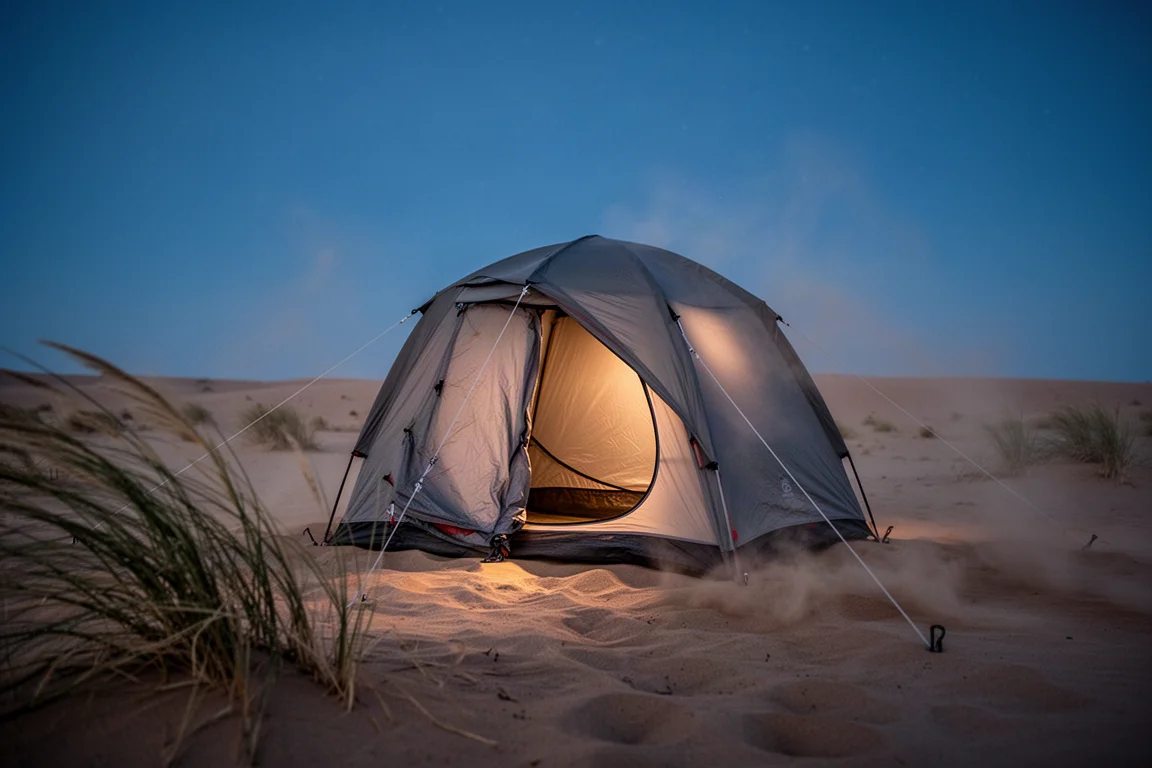 Freestanding tent on loose desert sand at dusk with taut guy lines and drifting dust