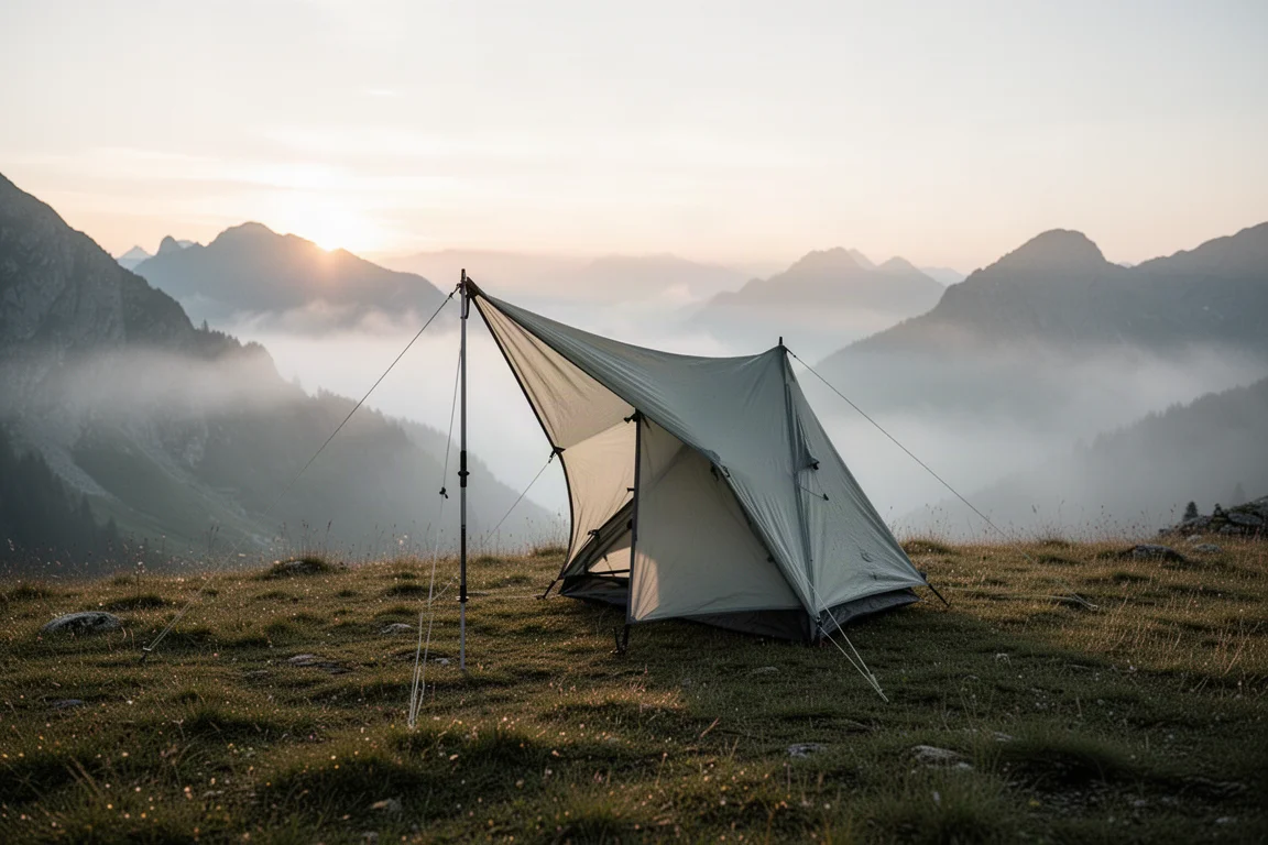 Lightweight shelter on a grassy alpine ridge at sunrise with mist in the valley