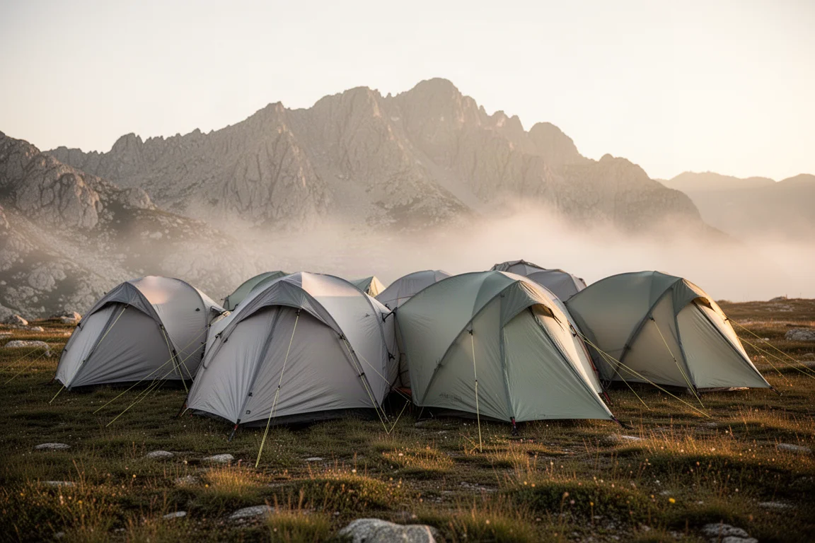 Row of ultralight backpacking tents pitched on an alpine meadow at golden hour