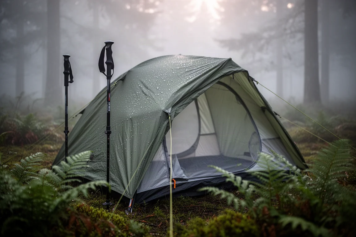 Tenda sostenuta da bastoncini da trekking in una radura boschiva nebbiosa con condensa sul sovratelo