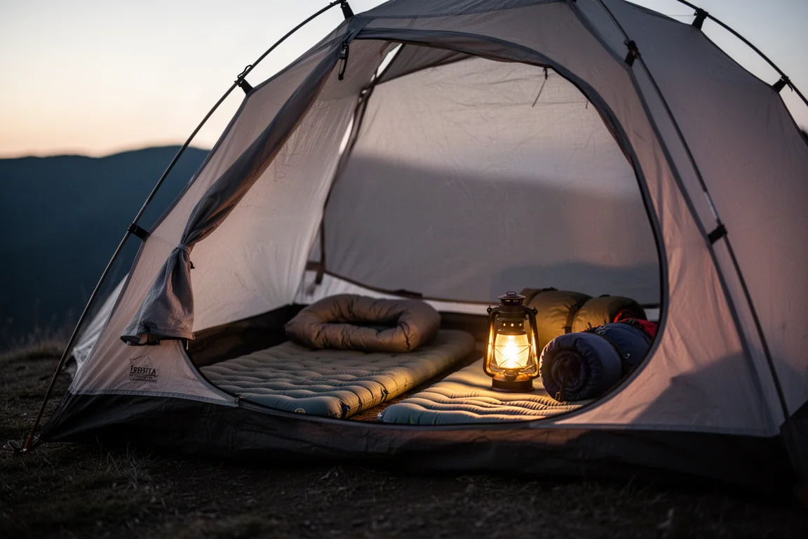 Materassino e sacco a pelo visibili attraverso la porta laterale aperta di una tenda illuminata da una lanterna al crepuscolo