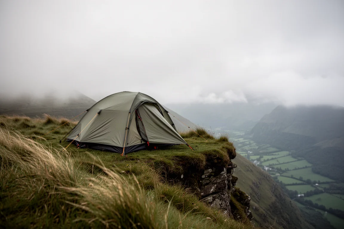 Pequeña tienda de acampada montada en una repisa de ladera ventosa con nubes bajas al fondo