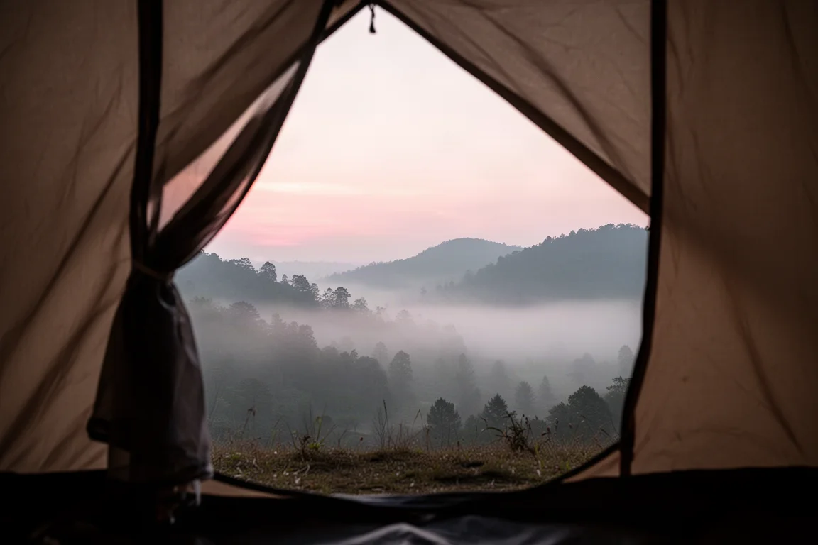 Vista desde el interior de una tienda abierta sobre un valle brumoso al amanecer