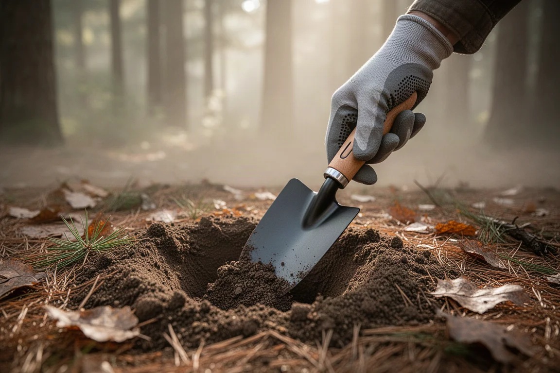 Um mochileiro cavando uma pequena cat hole no solo de floresta com uma pá pequena