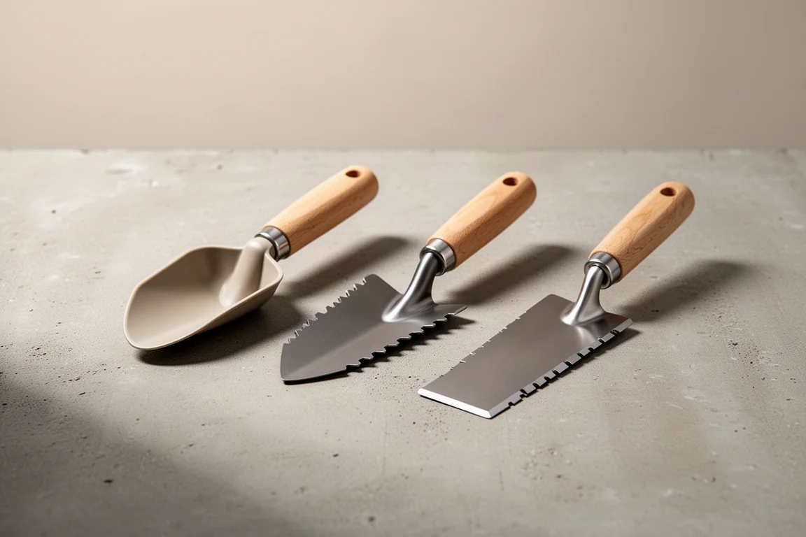 Three backpacking trowels, two plastic and one titanium, arranged on concrete