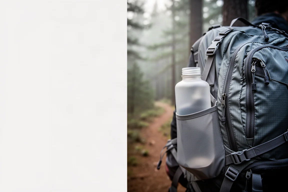 Short wide water bottle sitting in a mesh shoulder-strap pocket on a trail
