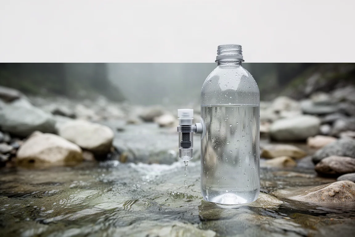 Screw-on water filter attached to a bottle neck beside a creek