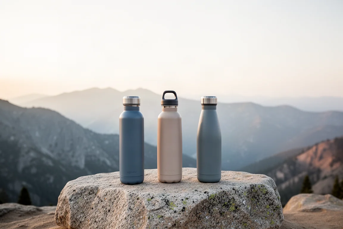 Flat-lay of backpacking water gear and pack on a concrete surface