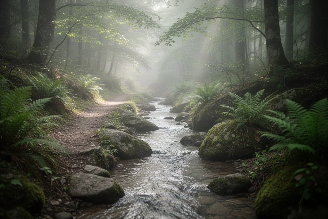 Schmaler klarer Bach, der in weichem Morgenlicht einen felsigen Waldweg durchquert