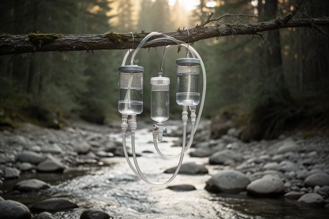 Rucksack lehnt an einem Baum, in den Seitentaschen klare Wasserflaschen