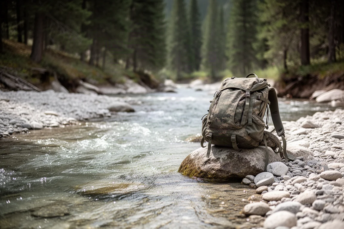 Draufsicht auf Aufbereitungsfläschchen, Wasserflasche und Bandana auf verwittertem Holz